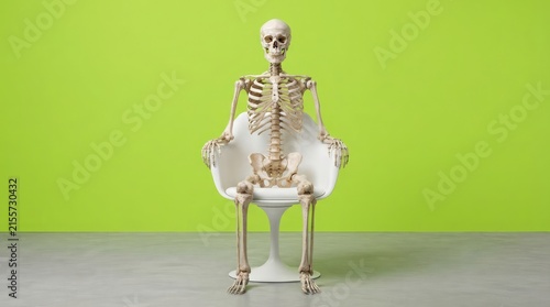 A human anatomical skeleton sits perfectly posed in a white modern chair against a vibrant lime green background for medical education display