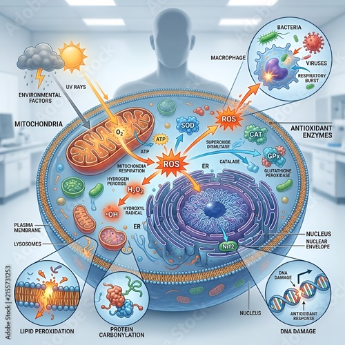 Cellular Mechanism of Reactive Oxygen Species ROS Production and Antioxidant Defense Infographic