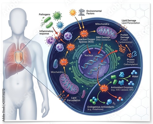Comprehensive illustration of cellular oxidative stress, damage mechanisms, and antioxidant defenses impacting human health and immune response