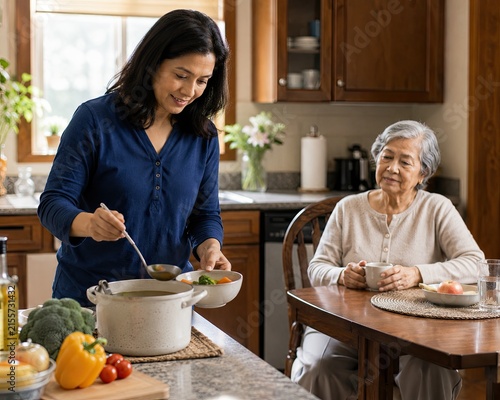 Daughter preparing healthy meal for recovering parent