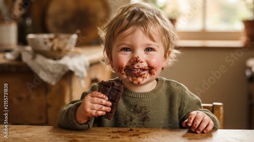 Toddler enjoying a delicious chocolate bar at the kitchen table with a messy face and a joyful expression of childhood discovery and pure delight