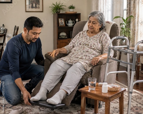 Son assisting elderly mother during home recovery
