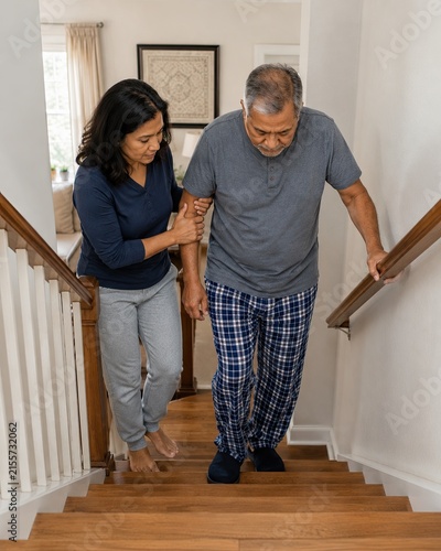 Daughter helping elderly father safely climb stairs