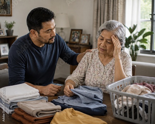 Son supporting tired elderly mother during recovery