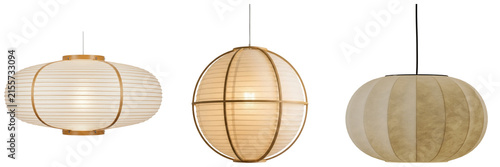 Canvastavla Three elegant Japanese-style paper lanterns and pendant lamps, showcasing serene and minimalist interior lighting