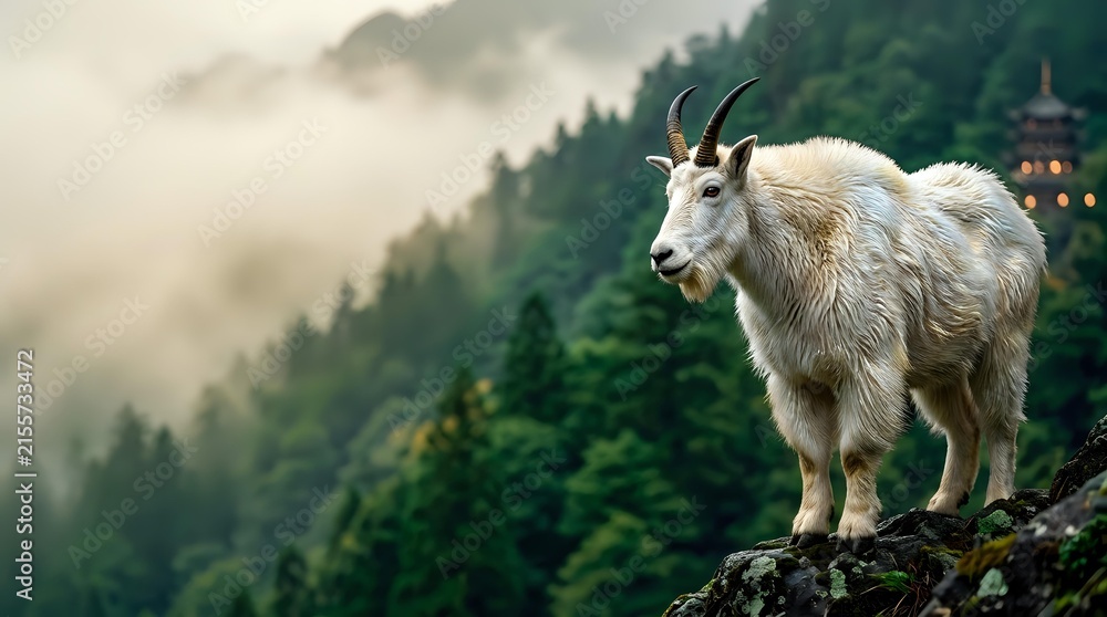 Obraz premium White mountain goat on rocky terrain with misty forested mountains