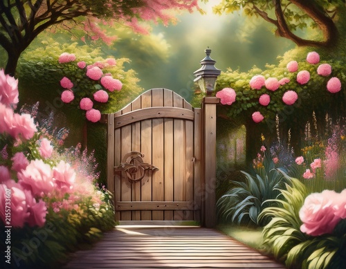 quaint wooden garden gate with pink flowers and lush greenery in the background