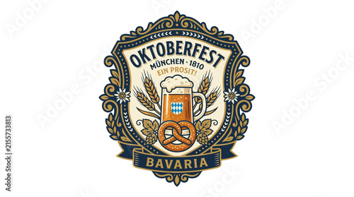 Vintage German Beer Festival Emblem with Beer Mug and Pretzel