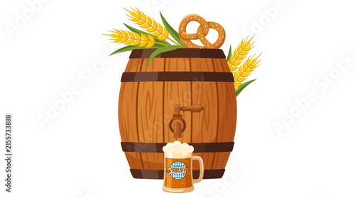 Wooden Beer Barrel with Wheat Stalks and Pretzel Illustration