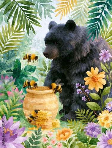 Cute black bear with bees and honeycomb surrounded by colorful flowers