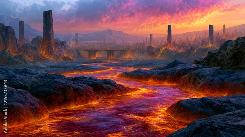 Volcanic city surrounded by glowing lava river and dark rocky landscape
