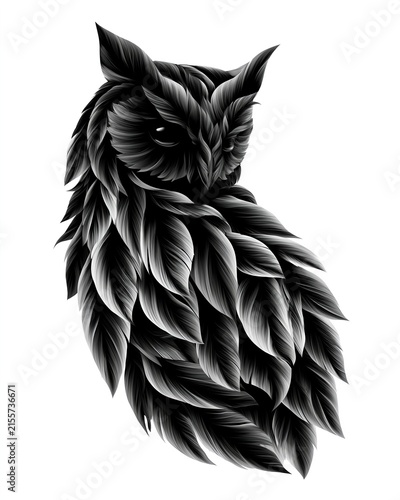 Black and white owl made of layered feathers isolated on white background
