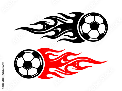 Dynamic soccer balls with fiery flames trailing behind them, representing passion and intense gameplay.
