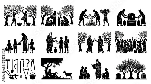 Set of black silhouettes showing ancient greek agricultural practices, farming, harvesting, and rural life activities on a white background