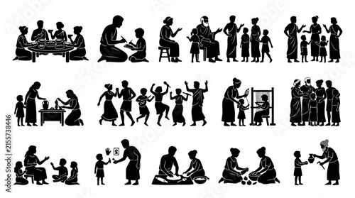 Set of black silhouettes showing ancient greek family life, domestic scenes, childcare, and household activities on a white background