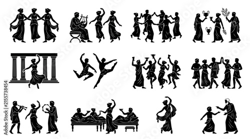 Collection of black silhouettes depicting ancient greek dance, music, festivities, and social celebrations on a white background