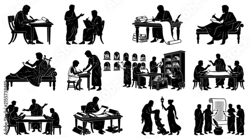 Fotografie Ancient greek scholars and scribes writing on scrolls and studying manuscripts i
