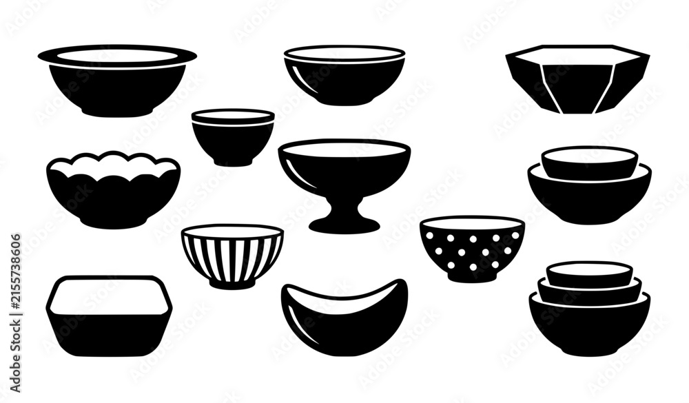 Fototapeta premium Diverse bowl silhouette vector collection for kitchenware and dining