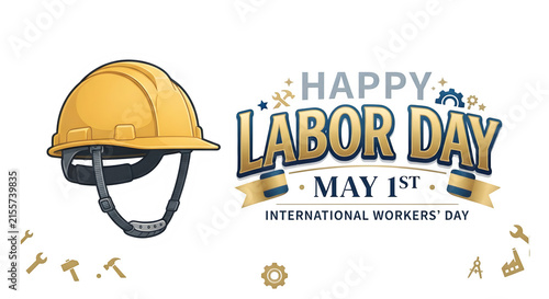 A cheerful Labor Day typography design featuring a standalone yellow construction helmet vector illustration. It's a safety hard hat perfect for Labour Day. This is a template for May 1st Workers' Day