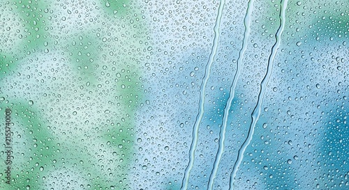 Raindrops on Window Glass. Wet Textured Surface. Blurred Green Blue Background. Weather Concept.