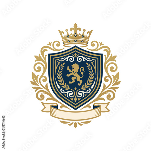 Blue heraldic shield with lion rampant and crown.