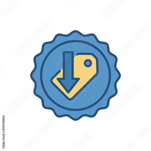 Blue price tag seal with downward arrow icon.