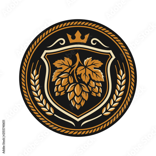 Brewery crest with hops shield and wheat.