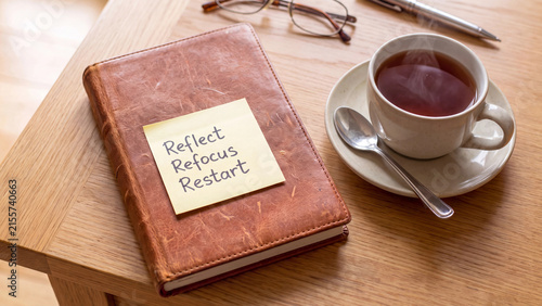 Reflect refocus restart journal note with tea cup for mindfulness self improvement and personal growth practice
