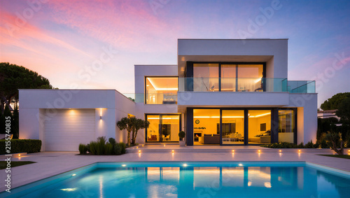 Fotografie Modern architectural villa with swimming pool at dusk real estate architecture e