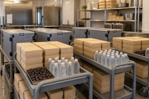 Ramadan charity meal dispatch with insulated carriers, plain food boxes, dates and water for respectful food, hospitality and community campaigns