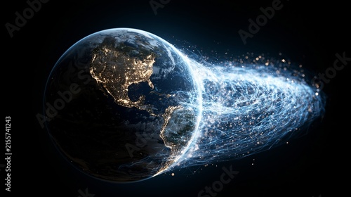 Glowing blue digital data streams encircle planet earth with bright city lights visible from dark outer space in cinematic render