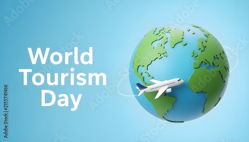 World Tourism Day 3D render with airplane flying around earth globe