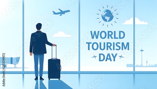 Businessman with suitcase looking at airplane through terminal window illustration