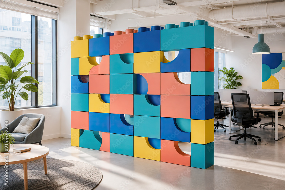 Fototapeta premium Office space that features a unique partition wall made from colorful blocks. The flooring is made of light-colored concrete, providing a modern and industrial feel to the space.