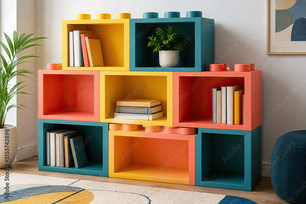 Fototapeta premium A vibrant bookshelf in yellow, blue, red, and orange rectangles stands on a white wall. Modern, colorful bookshelf made from bricks.