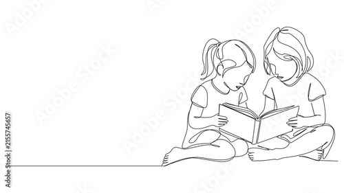 animated continuous line drawing of two young girls sitting on floor reading a book, education, friendship, sibling bonding and childhood learning concept, line art animation