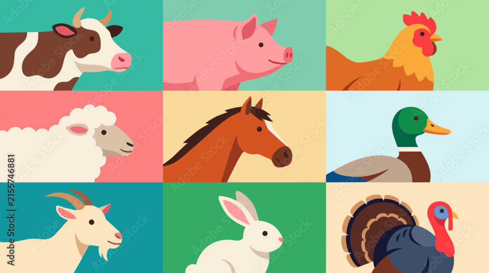 Obraz premium Flat design icon set of farm animals including cow, pig, chicken, sheep, horse, duck, goat, rabbit, turkey