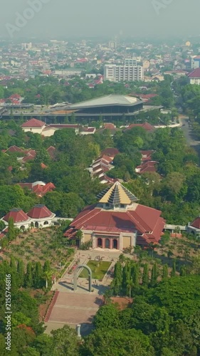 Aerial mosque complex surrounded by trees and Yogyakarta urban landscape