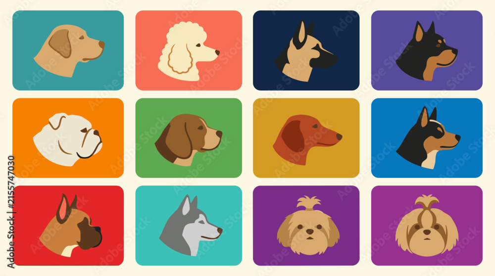 Obraz premium Set of 9 diverse dog breed head icons in flat design style, isolated on white background