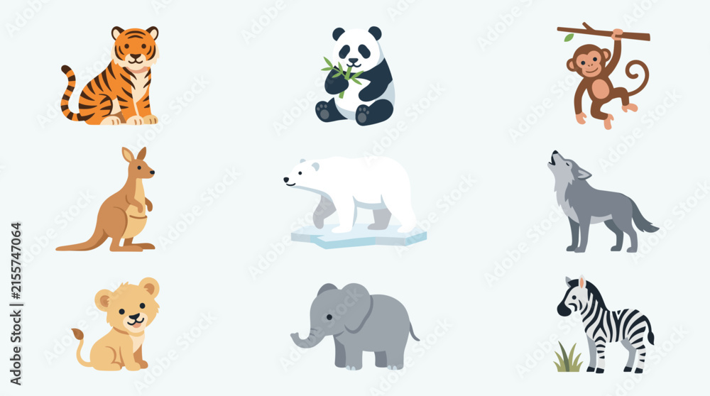 Obraz premium Set of nine flat design zoo animal icons: tiger, panda, monkey, kangaroo, polar bear, wolf, lion cub, elephant, zebra