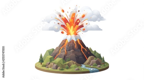Dramatic volcanic eruption rising from a rugged landscape with flowing lava and billowing smoke across rocky slopes.