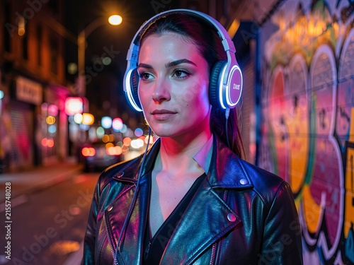 Stylish young woman wearing headphones on vibrant neon city street.
