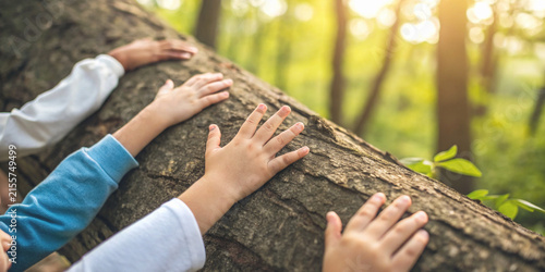 Learning about the environment and nature conservation with several kids placing their hands on tree trunks in the forest in the morning sunlight
