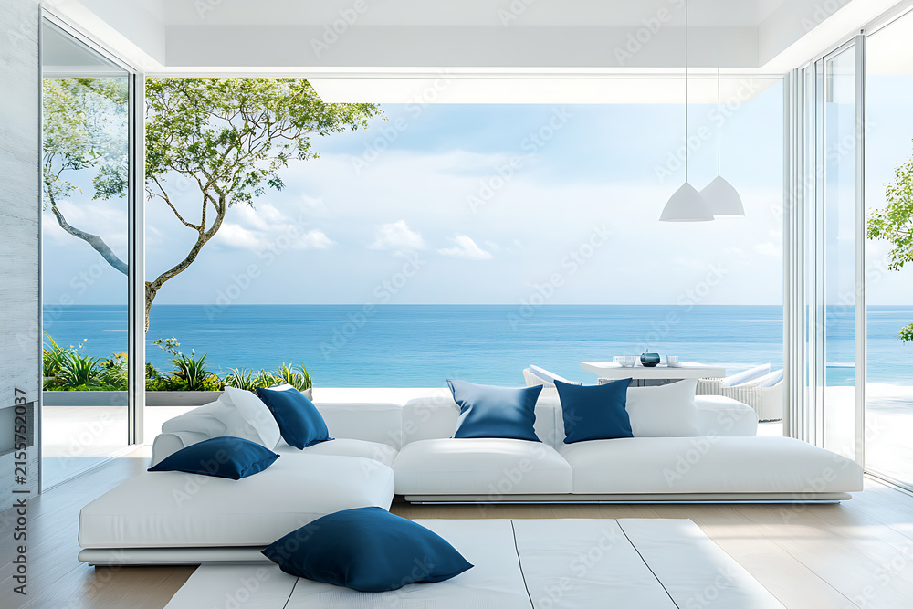 Fototapeta premium Modern Luxury Living Room with Panoramic Ocean View and Elegant Interior.