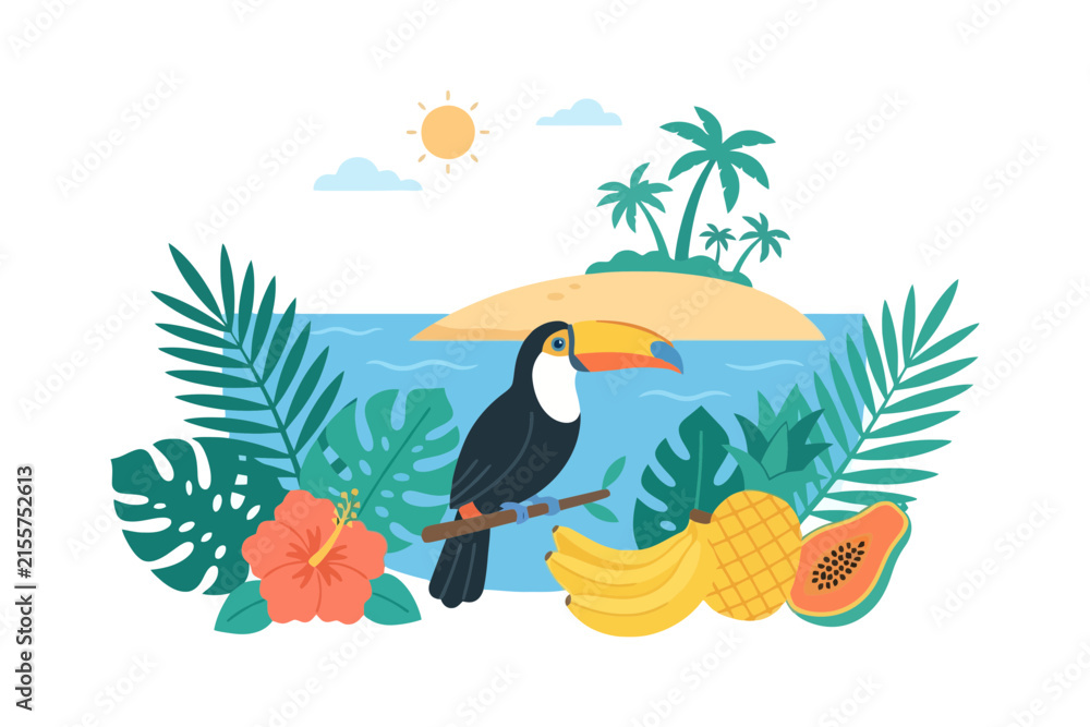 Obraz premium Vibrant tropical scene with toucan, island, fruits, and palm trees.