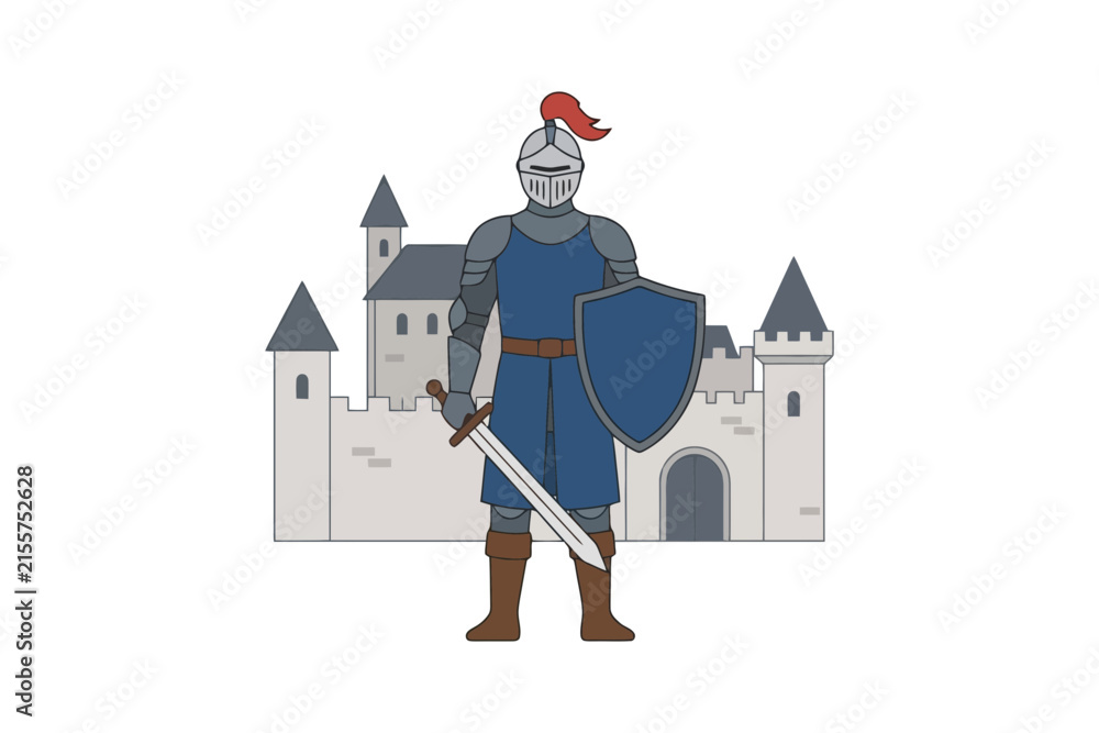 Obraz premium Medieval knight in armor with shield and sword in front of castle.
