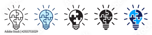 Puzzle light bulb icon representing idea, problem solving, creativity and innovation. Vector illustration for inspiration, thinking, and solution concept.
