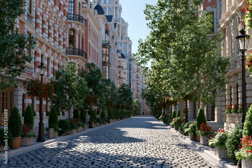European city street with charming old buildings and trees