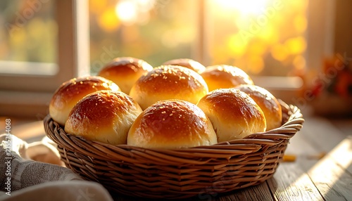 Golden brown baked buns in a rustic basket on a wooden table with soft autumn light.