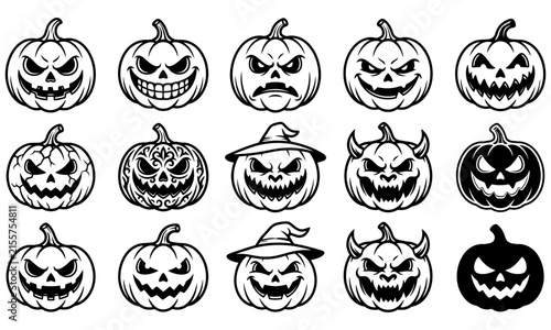 Set of fifteen black and white vector jack-o-lantern pumpkin illustrations for Halloween holiday design projects
